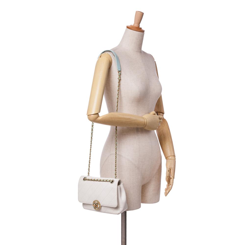 Chanel B Chanel White with Blue Light Blue Calf Leather CC Quilted skin Single Flap Italy