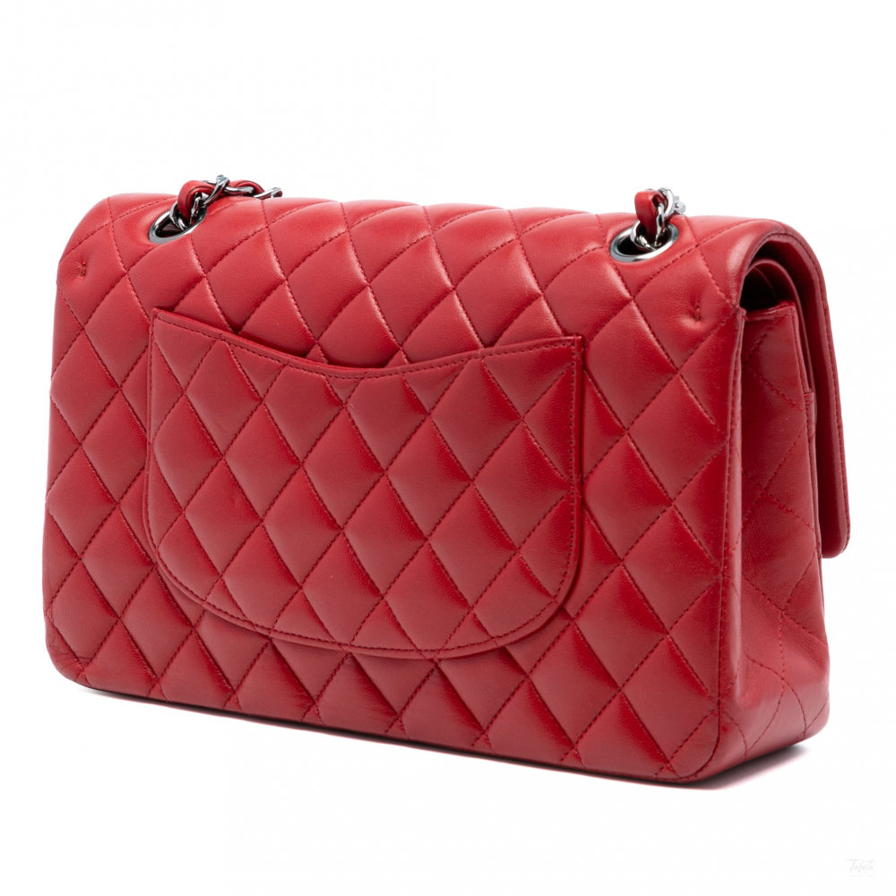 Chanel Classic Double Flap Medium Lambskin Leather Matelassè Shoulder Bag Red