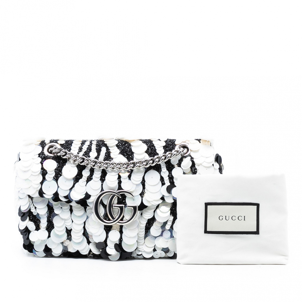 Gucci GG Marmont Small Leather & Sequin Flap Shoulder Bag Black & White