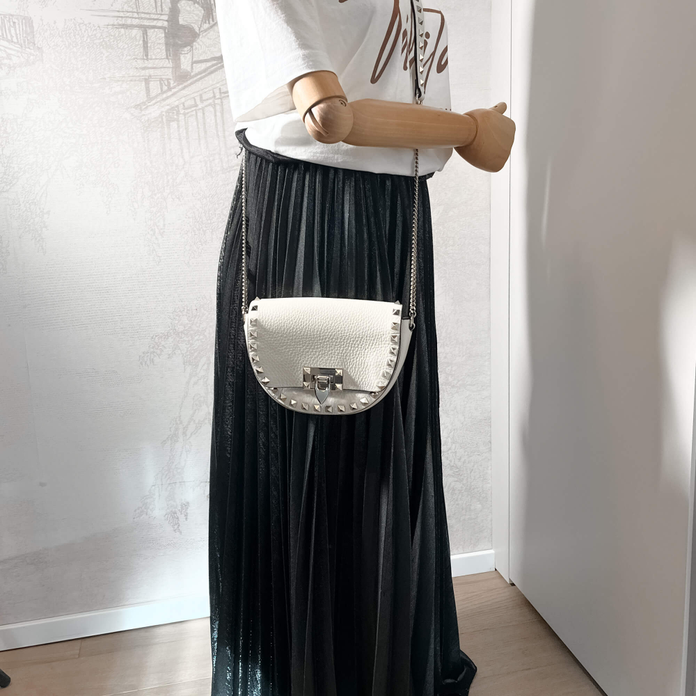 Valentino Rockstuds Leather Saddle Bag Beige