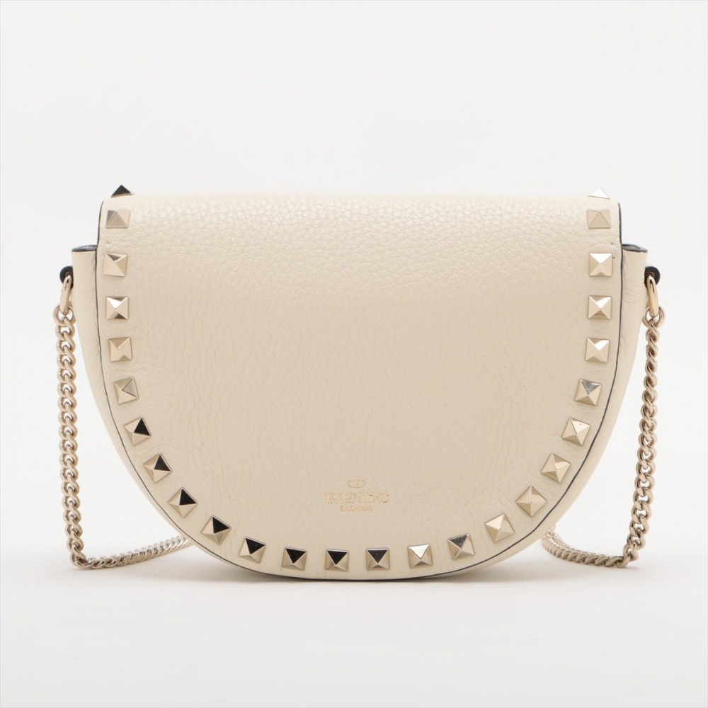 Valentino Rockstuds Leather Saddle Bag Beige