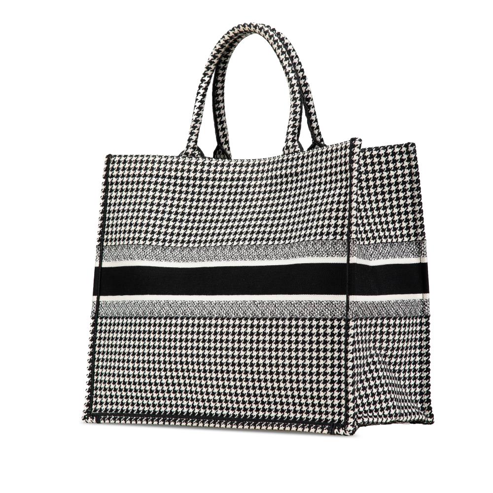 Christian Dior B Dior Black Canvas Fabric Large Houndstooth Embroidered Book Tote Italy