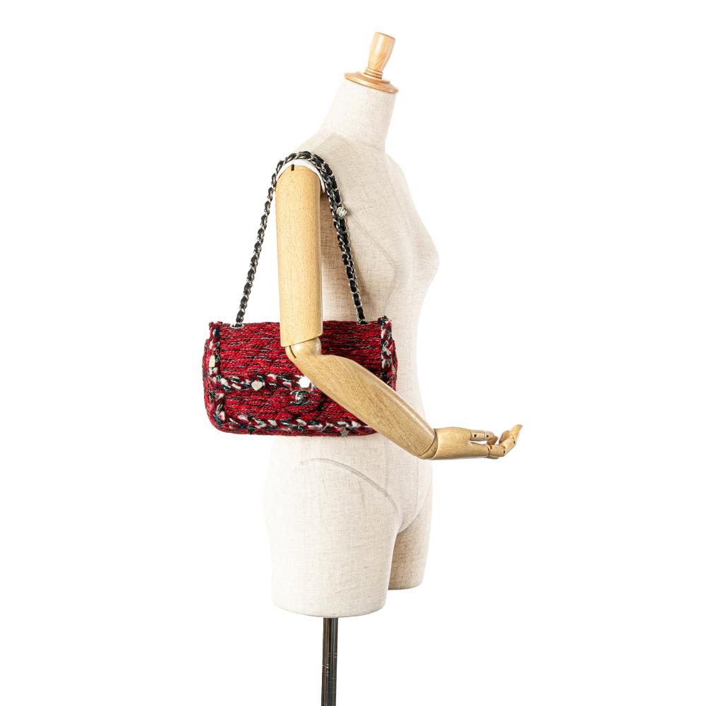 Chanel B Chanel Red Tweed Fabric Medium Braided Charms Double Flap France
