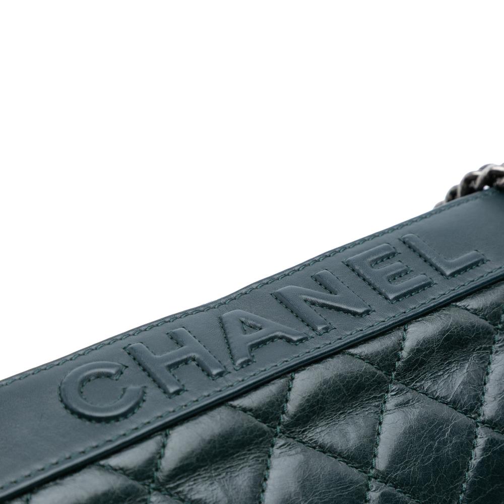 Chanel B Chanel Green Dark Green Calf Leather Quilted Aged skin Logo Accordion Flap Italy