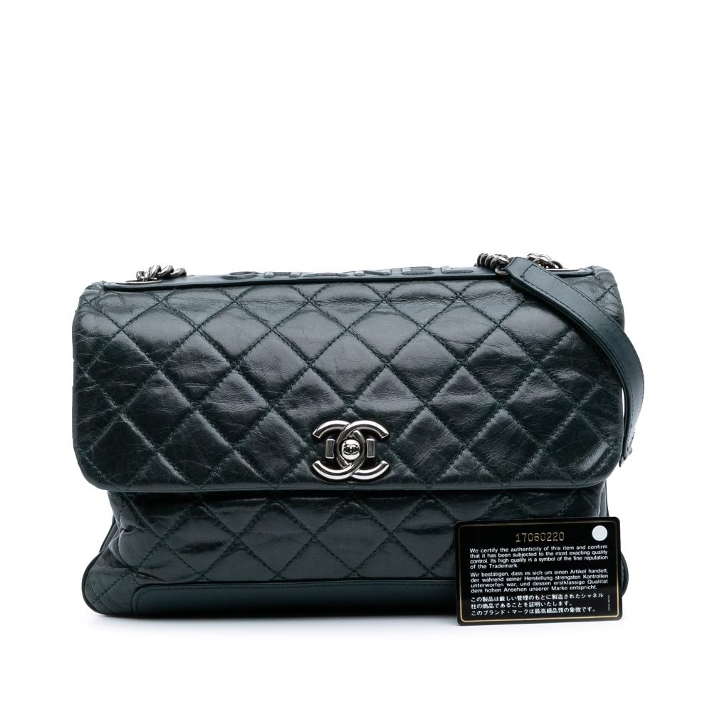 Chanel B Chanel Green Dark Green Calf Leather Quilted Aged skin Logo Accordion Flap Italy