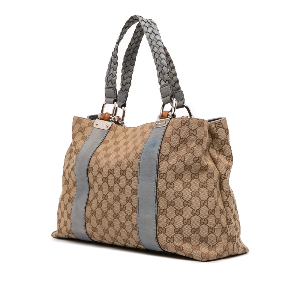 Gucci B Gucci Brown Beige Canvas Fabric GG Bamboo Libeccio Tote Italy