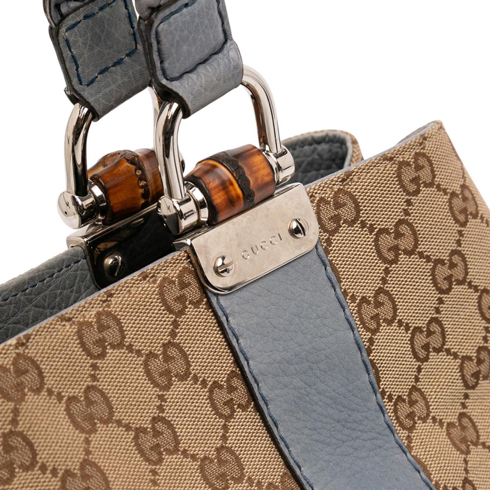 Gucci B Gucci Brown Beige Canvas Fabric GG Bamboo Libeccio Tote Italy
