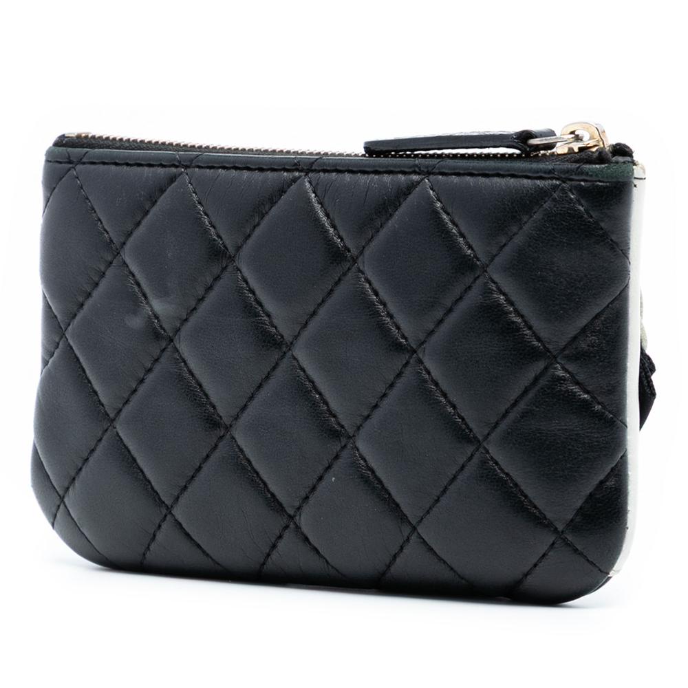 Chanel B Chanel Black Lambskin Leather Leather CC Quilted Lambskin Camellia Pouch Italy