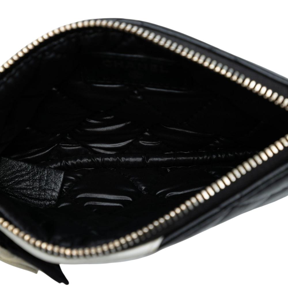 Chanel B Chanel Black Lambskin Leather Leather CC Quilted Lambskin Camellia Pouch Italy