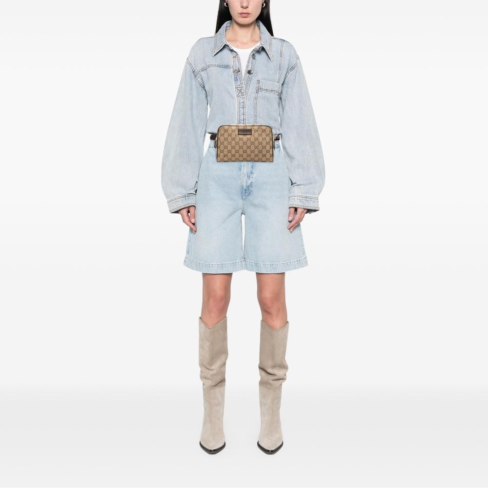 Gucci AB Gucci Brown Beige Canvas Fabric GG Belt Bag Italy