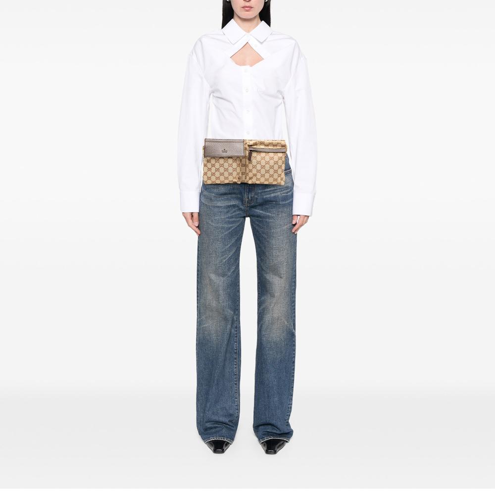 Gucci B Gucci Brown Beige Canvas Fabric GG Double Pocket Belt Bag Italy