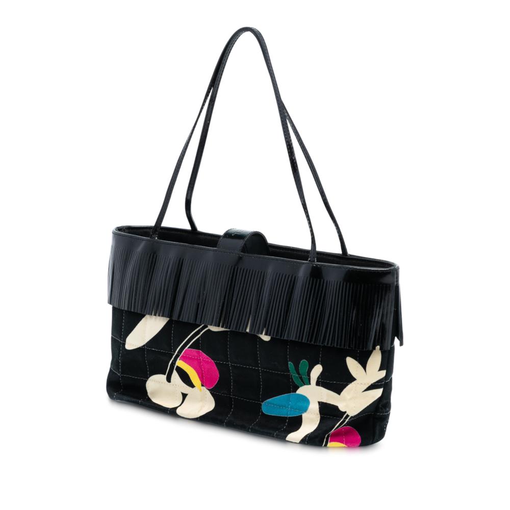 Chanel B Chanel Black Canvas Fabric Chocolate Bar Printed Fringe Handbag France