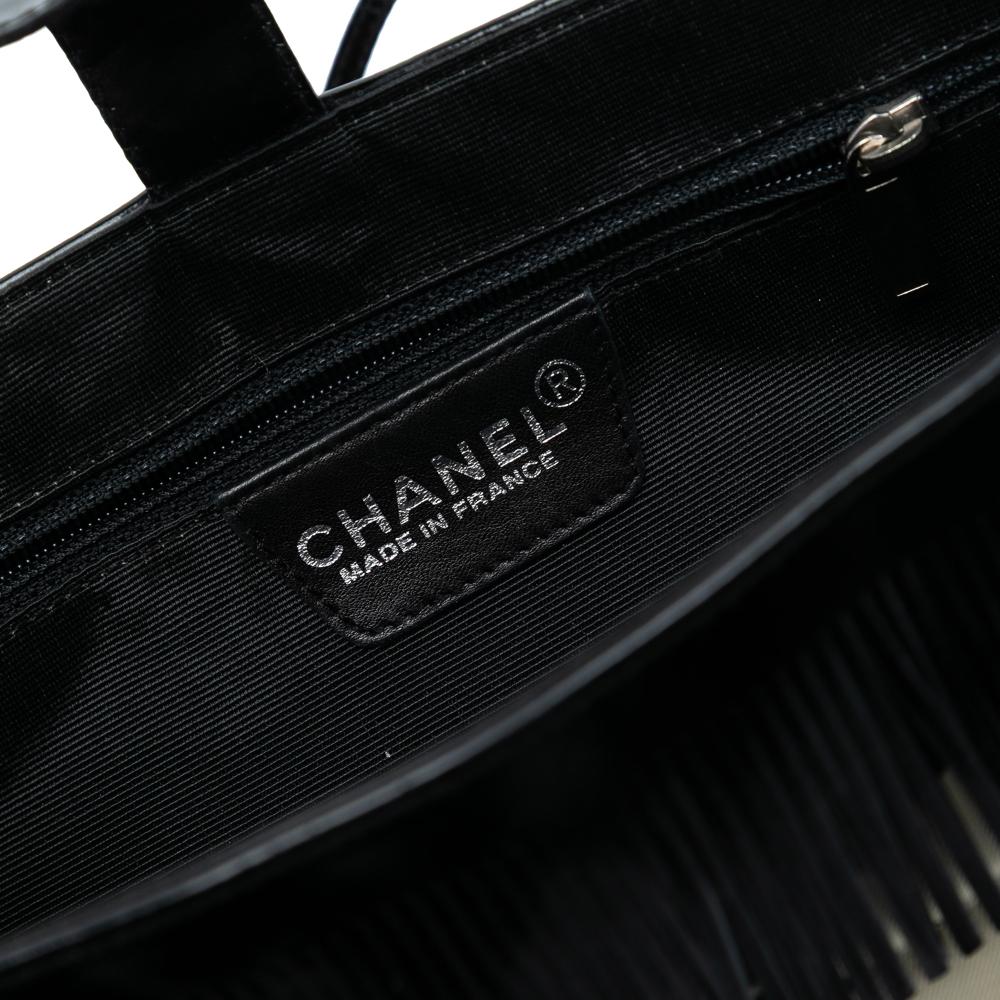 Chanel B Chanel Black Canvas Fabric Chocolate Bar Printed Fringe Handbag France