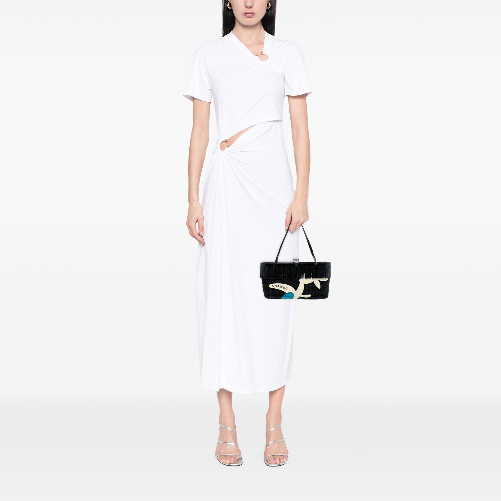 Chanel B Chanel Black Canvas Fabric Chocolate Bar Printed Fringe Handbag France