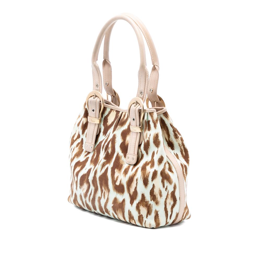 Christian Dior B Dior Brown Beige Canvas Fabric Leopard Print Saint Tropez Tote Italy