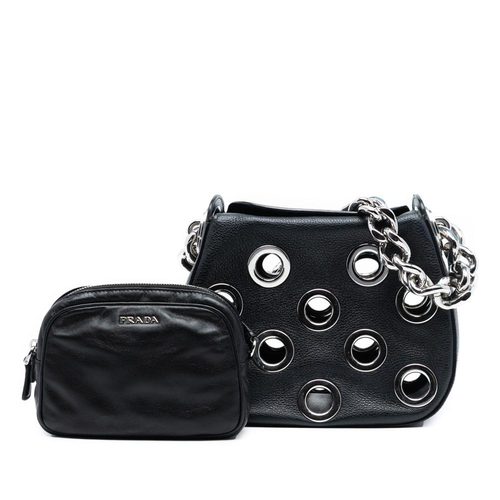 Prada AB Prada Black Calf Leather Vitello Daino Grommet Handbag Italy