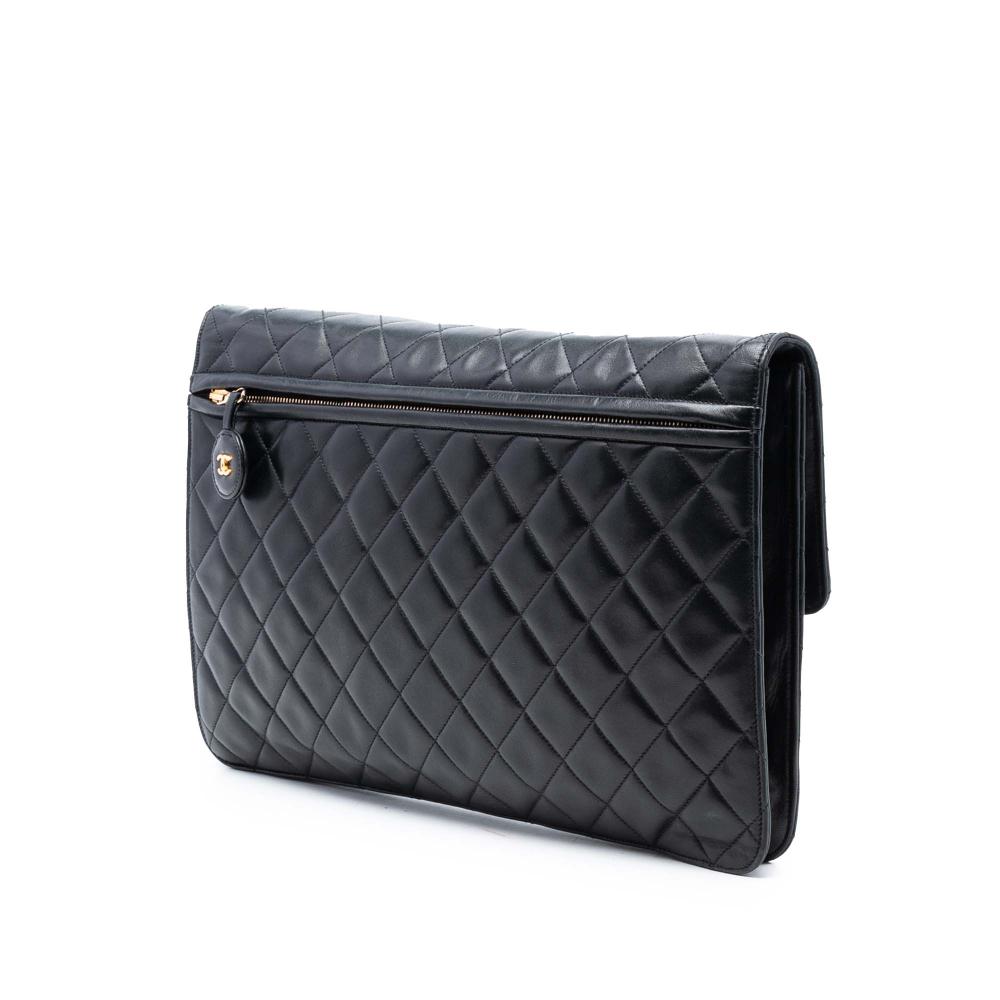 Chanel B Chanel Black Lambskin Leather Leather Maxi XL Quilted Lambskin Clutch with Chain Italy