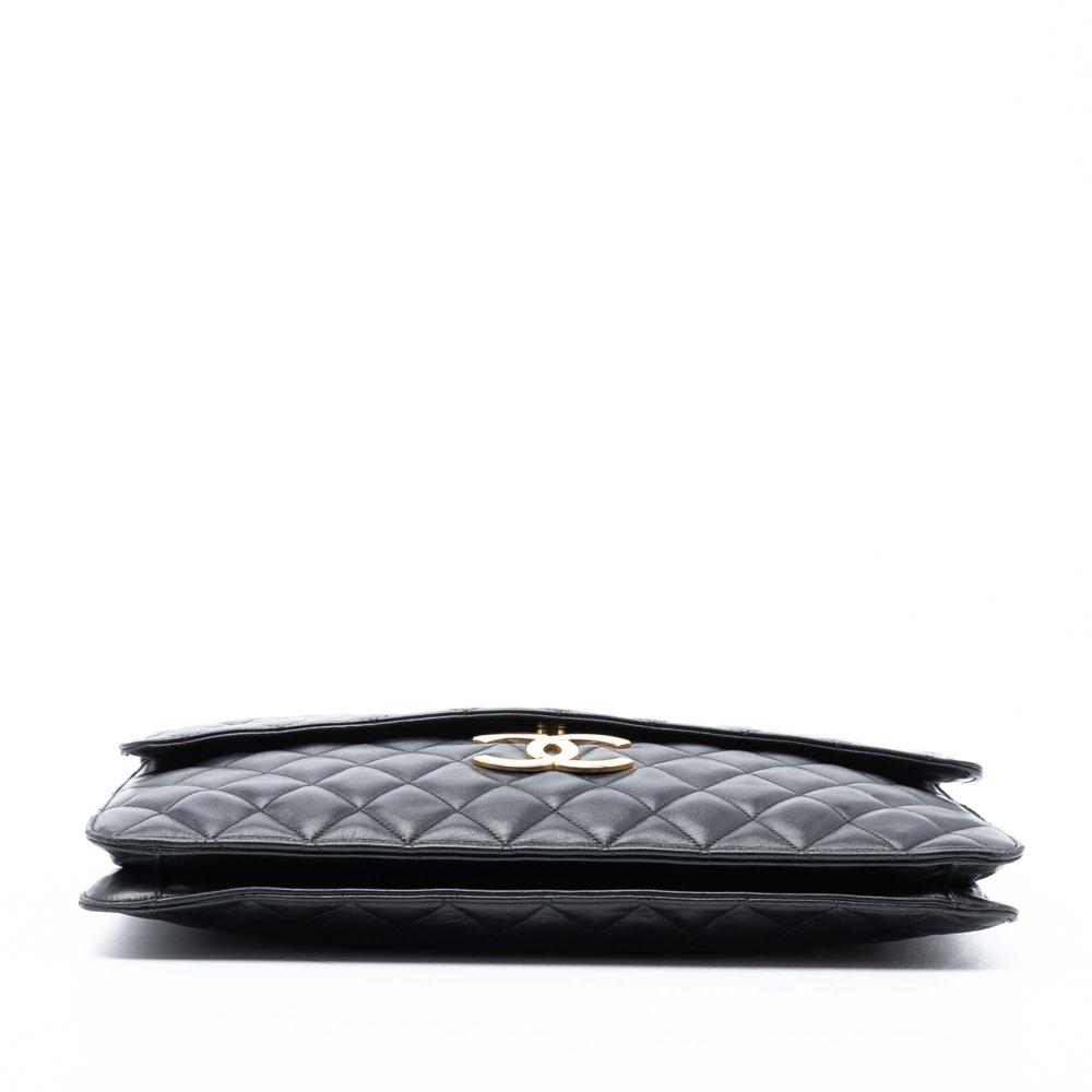 Chanel B Chanel Black Lambskin Leather Leather Maxi XL Quilted Lambskin Clutch with Chain Italy