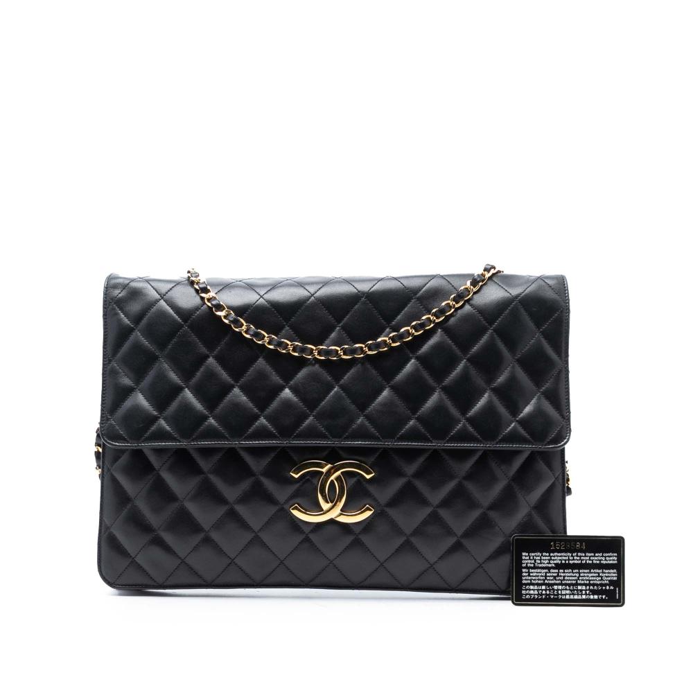 Chanel B Chanel Black Lambskin Leather Leather Maxi XL Quilted Lambskin Clutch with Chain Italy
