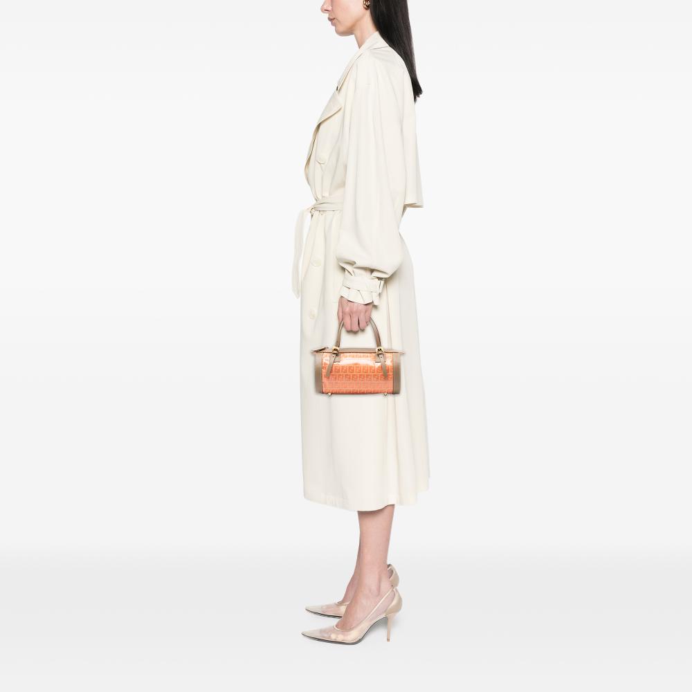 Fendi AB Fendi Orange with Brown Coated Canvas Fabric Zucchino Barrel Handbag Italy