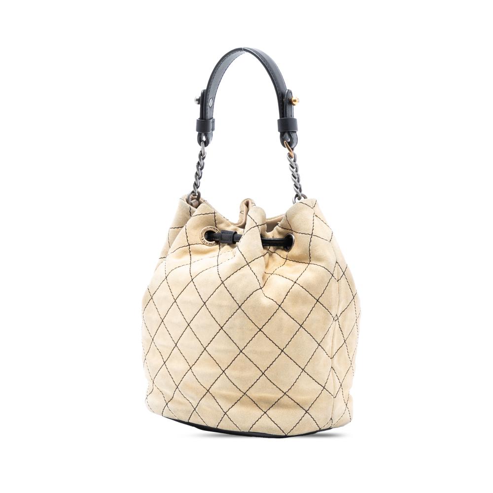Chanel B Chanel Brown Beige with Black Suede Leather CC Wild Stitch Bucket Bag Italy