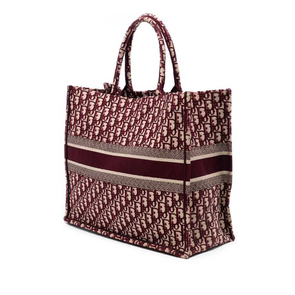 Christian Dior B Dior Red Burgundy Canvas Fabric Large Oblique Embroidered Book Tote Italy