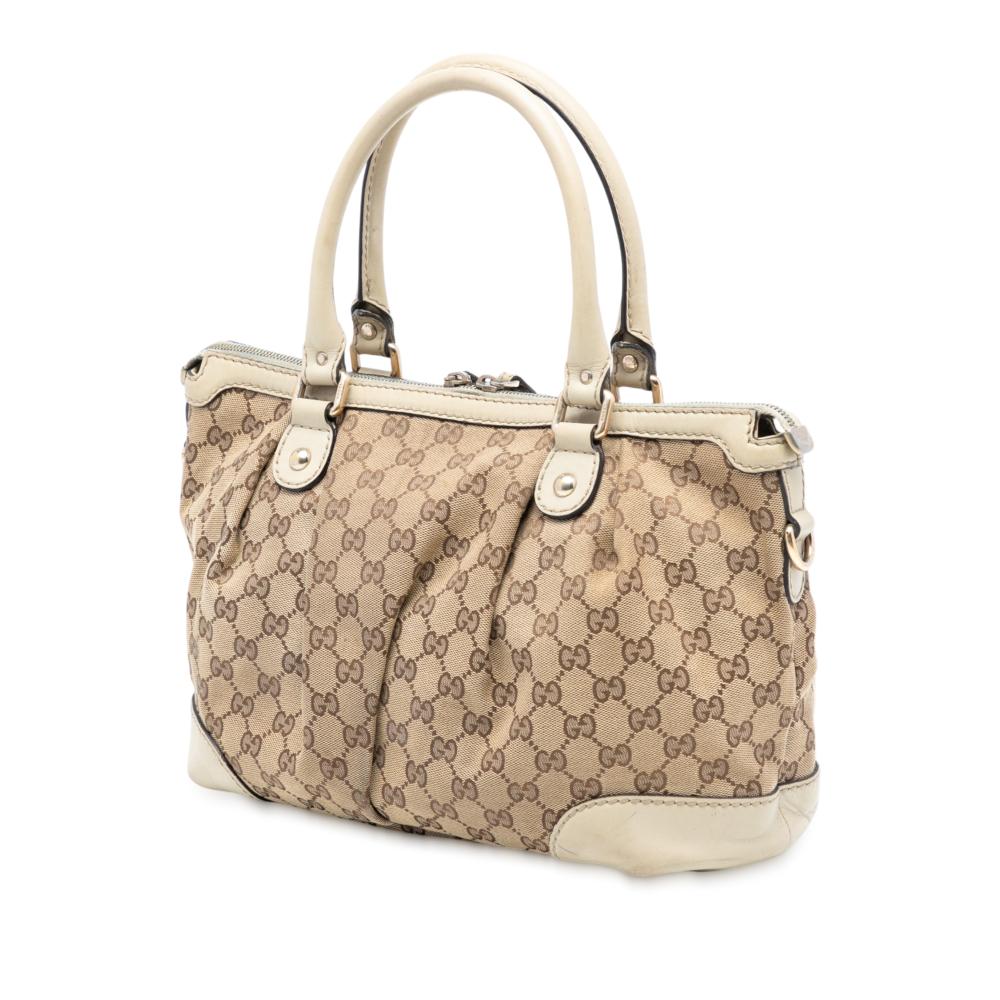 Gucci B Gucci Brown Beige Canvas Fabric GG Sukey Satchel Italy