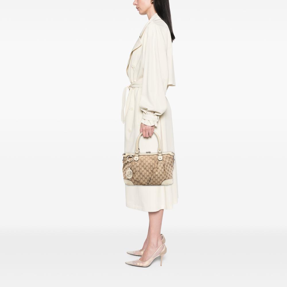 Gucci B Gucci Brown Beige Canvas Fabric GG Sukey Satchel Italy