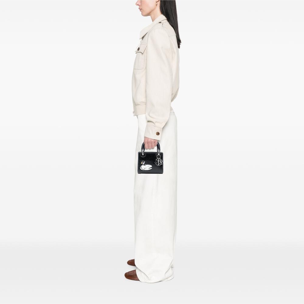 Christian Dior B Dior Black Goatskin Leather Mini Deerskin Ceramic Effect Jeweled Swan Lady Dior Italy
