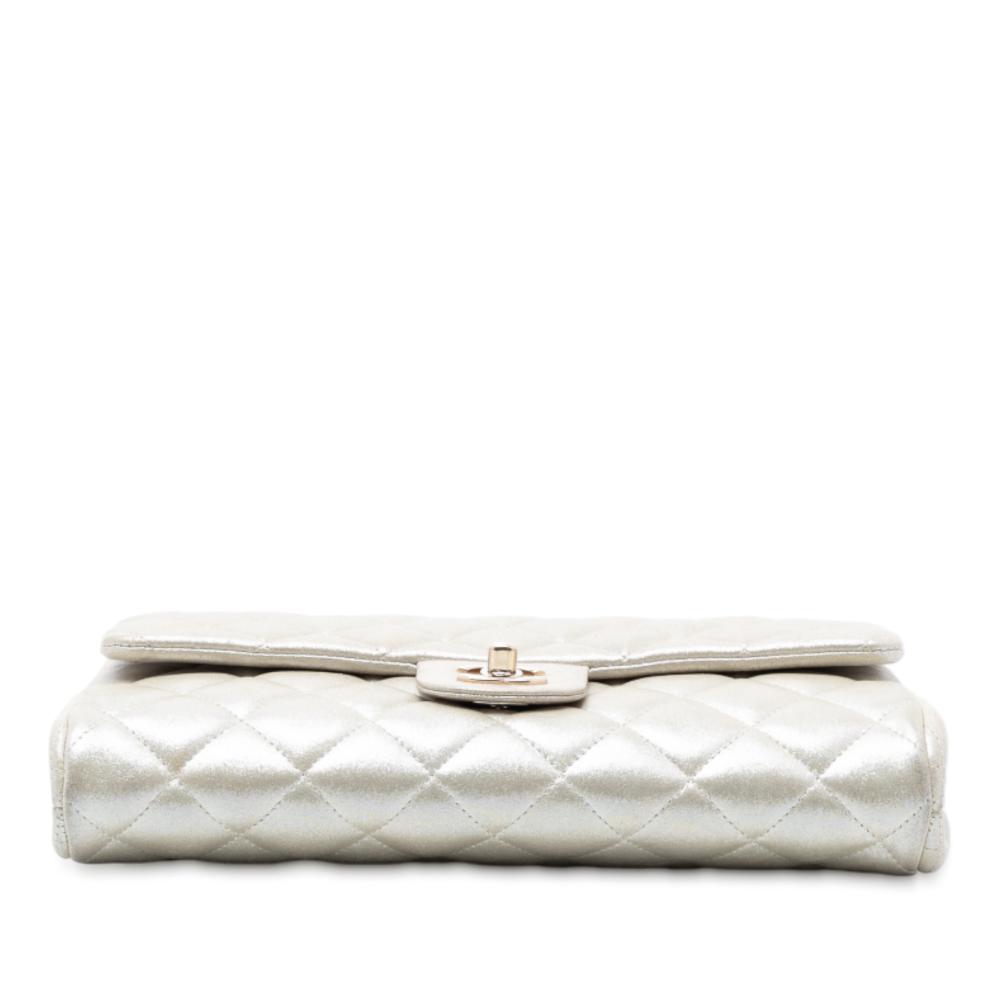 Chanel B Chanel Gold Light Gold Calf Leather CC Quilted Metallic Lambskin Flap Clutch on Chain France