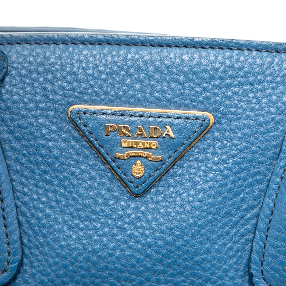 Prada B Prada Blue Calf Leather Vitello Daino Front Pocket Open Convertible Tote Turkey