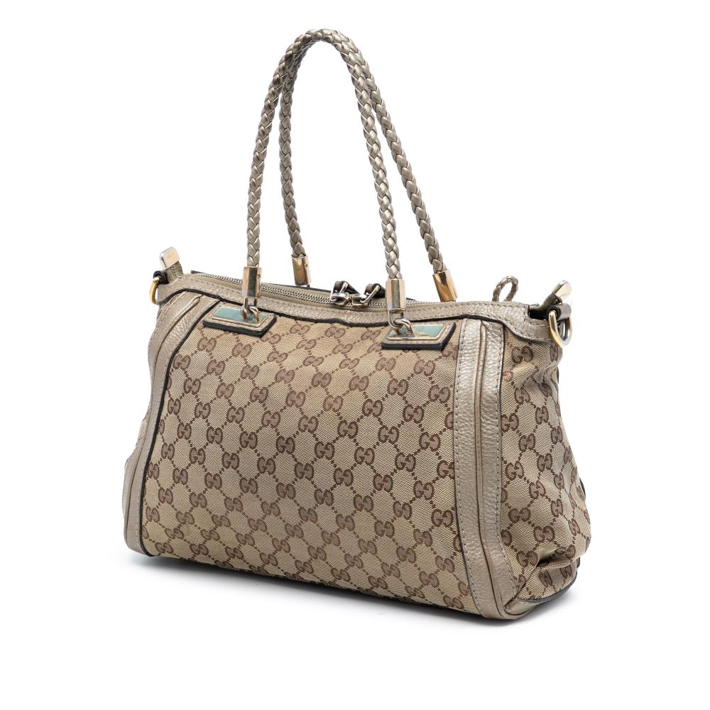 Gucci B Gucci Brown Beige Canvas Fabric GG Bella Satchel Italy