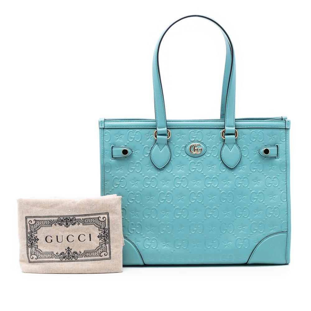 Gucci AB Gucci Blue Turquoise Calf Leather GG Star Embossed Tote Italy