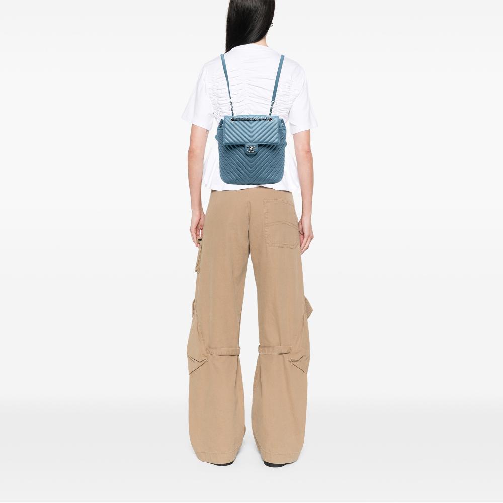 Chanel AB Chanel Blue Lambskin Leather Leather Chevron Lambskin Urban Spirit Backpack Italy