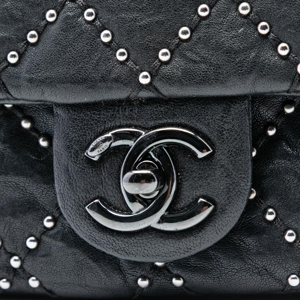 Chanel AB Chanel Black Calf Leather Small Quilted Distressed skin Studded Metal Beauty Flap Italy
