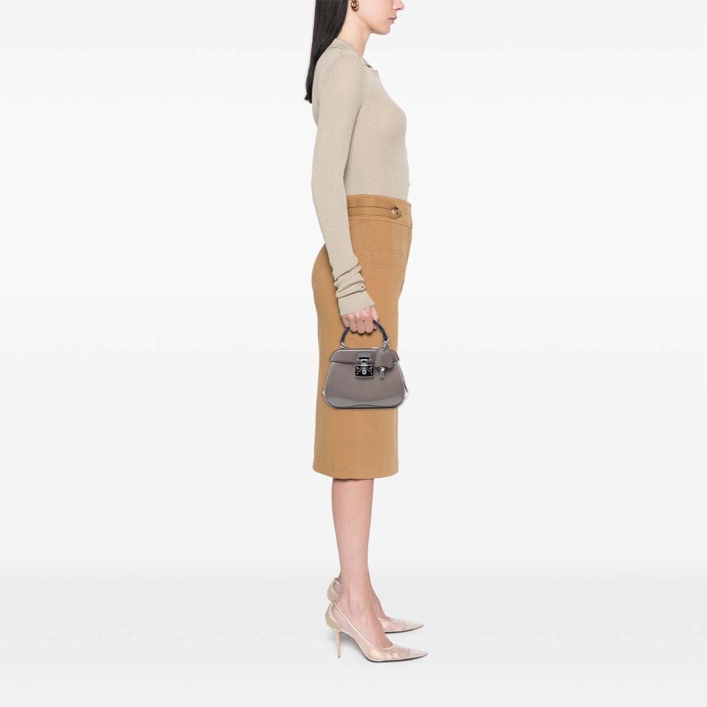 Gucci AB Gucci Gray Calf Leather Mini Polished Bamboo Lady Lock Top Handle Bag Italy
