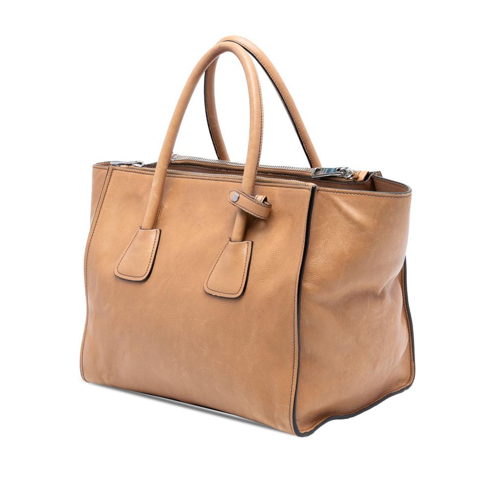 Prada B Prada Brown Light Brown Calf Leather Glace Twin Pocket Double Handle Satchel Italy