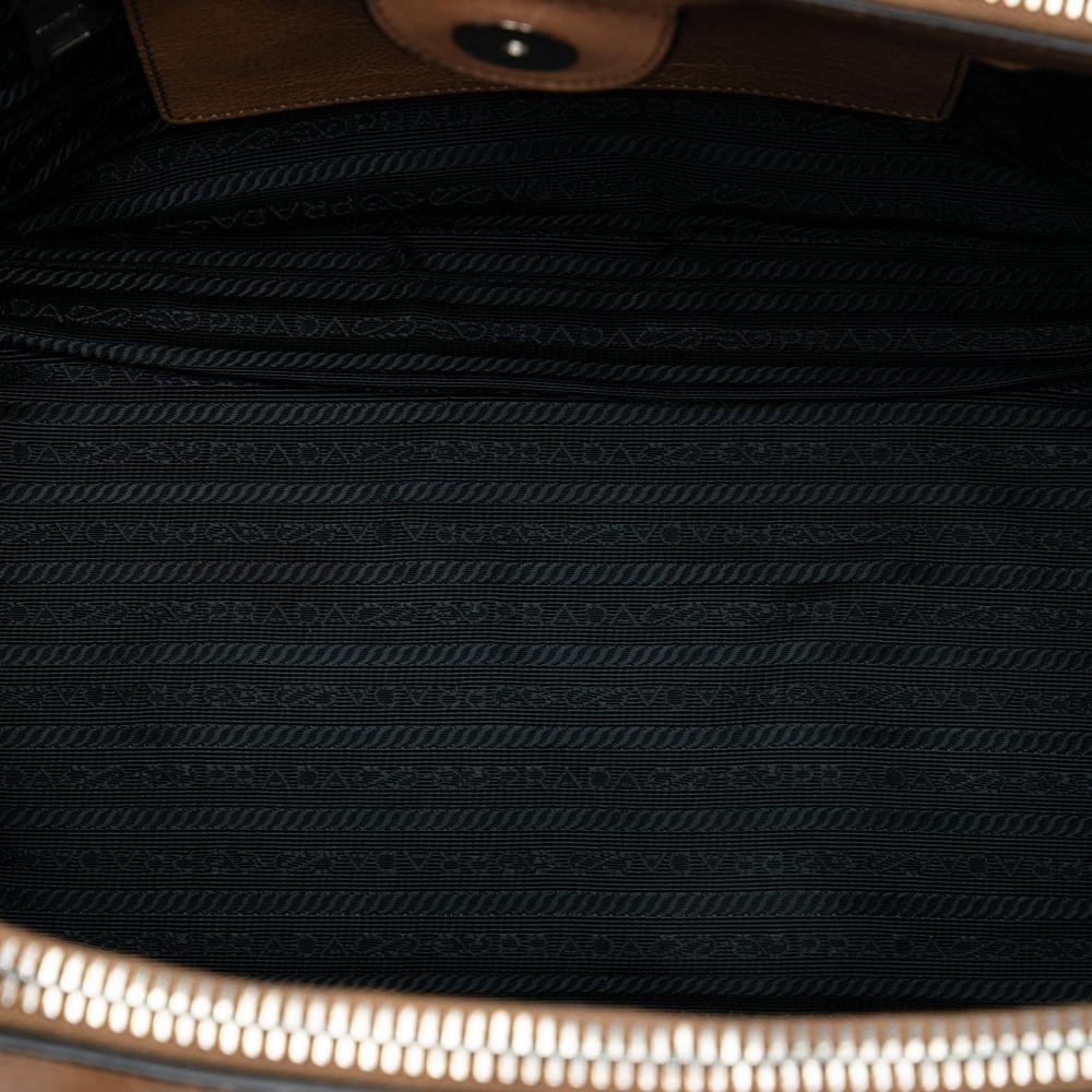 Prada B Prada Brown Light Brown Calf Leather Glace Twin Pocket Double Handle Satchel Italy