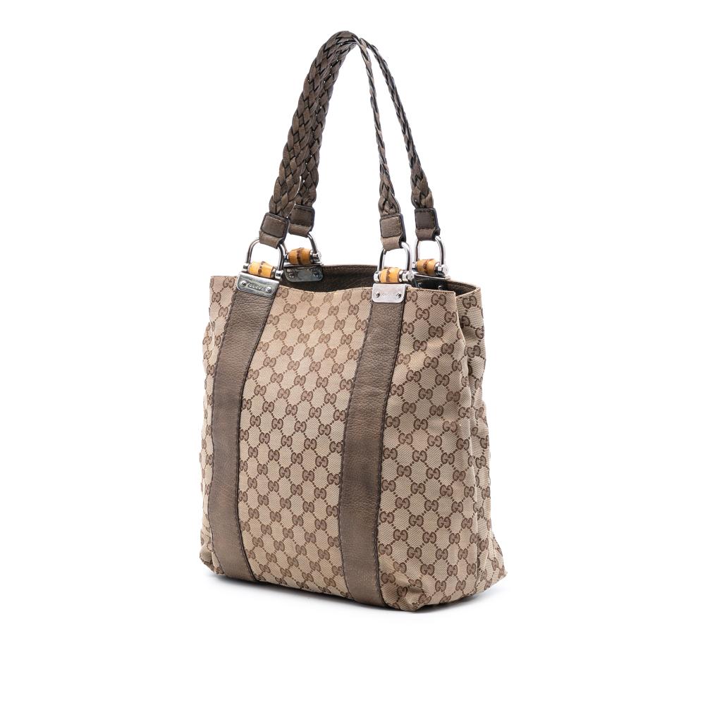 Gucci B Gucci Brown Beige Canvas Fabric Large GG Bamboo Libeccio Tote Italy