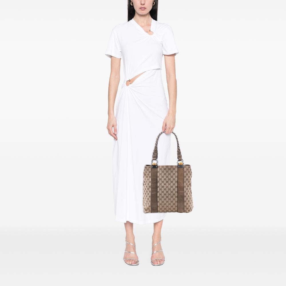 Gucci B Gucci Brown Beige Canvas Fabric Large GG Bamboo Libeccio Tote Italy