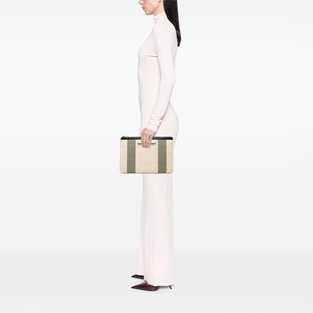 Saint Laurent AB Saint Laurent White Ivory with Green Mint Canvas Fabric Beach Zip Clutch Italy