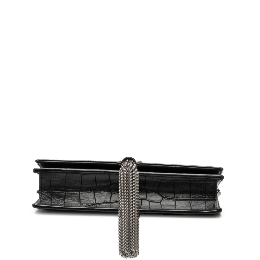 Saint Laurent B Saint Laurent Black Calf Leather Croc Embossed Monogram Kate Tassel Wallet on Chain Italy