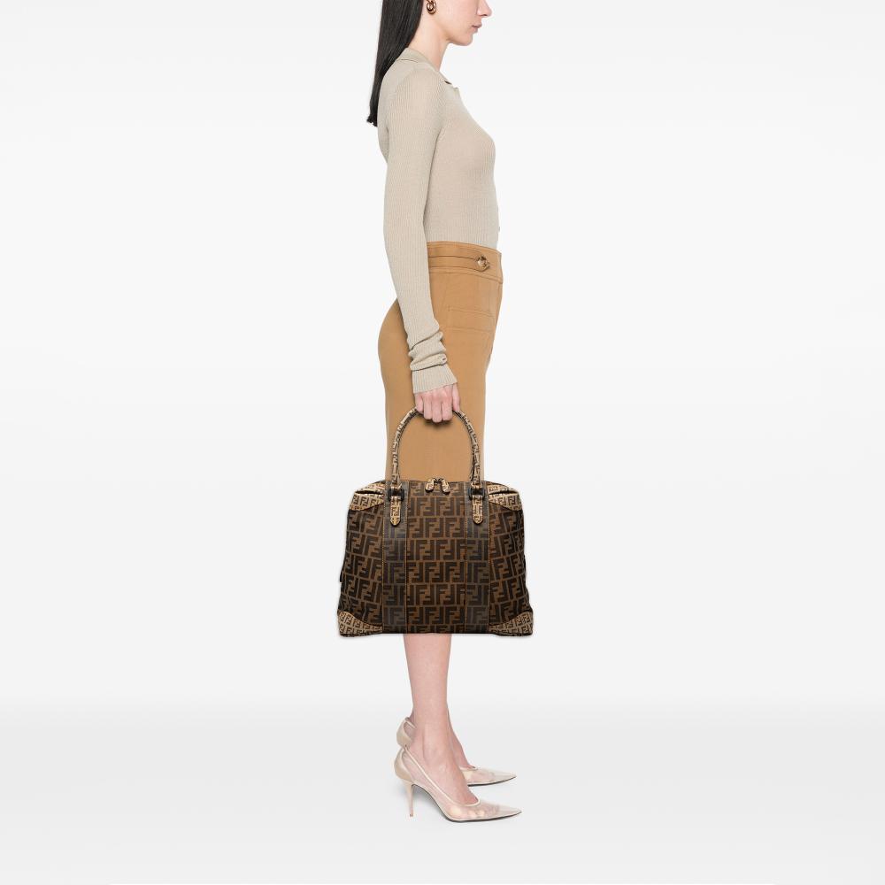 Fendi AB Fendi Brown Canvas Fabric Large Zucca Mixed Media Tote Italy