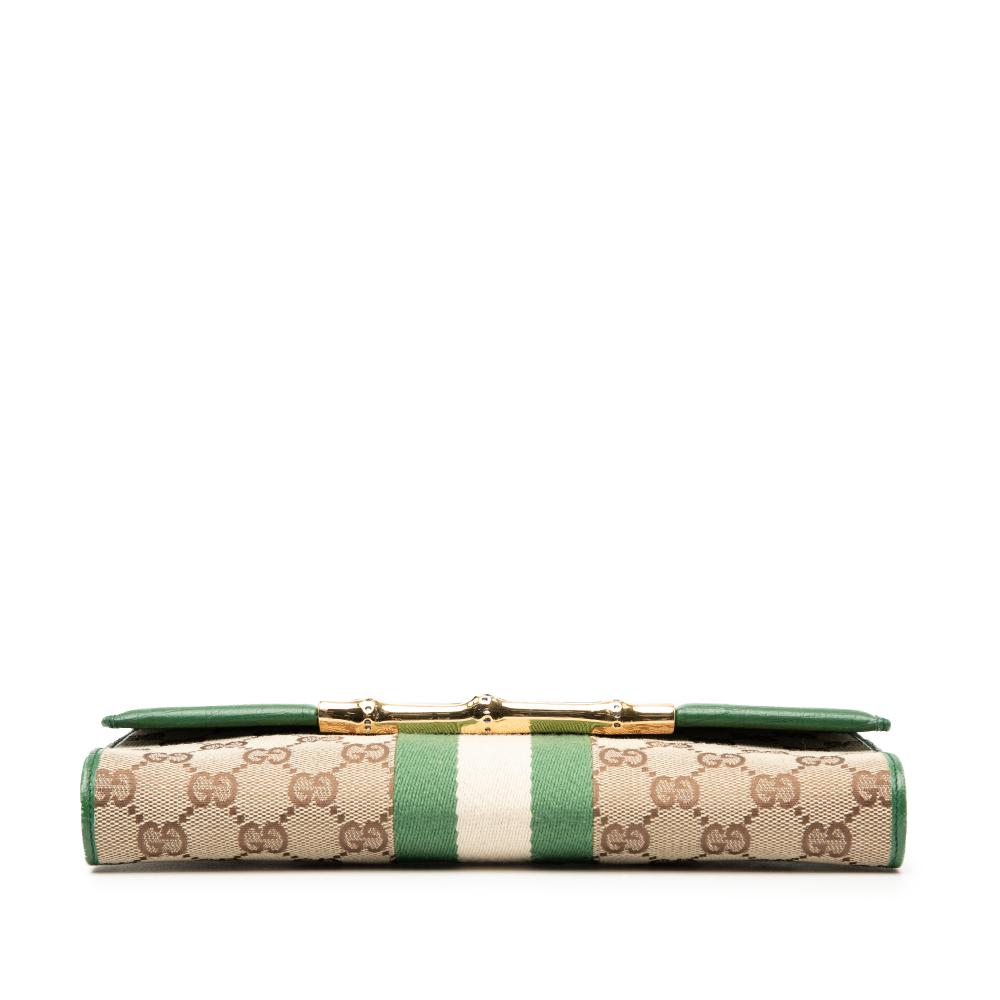 Gucci B Gucci Brown Beige with Green Canvas Fabric GG Web Bamboo Bar Crossbody Italy