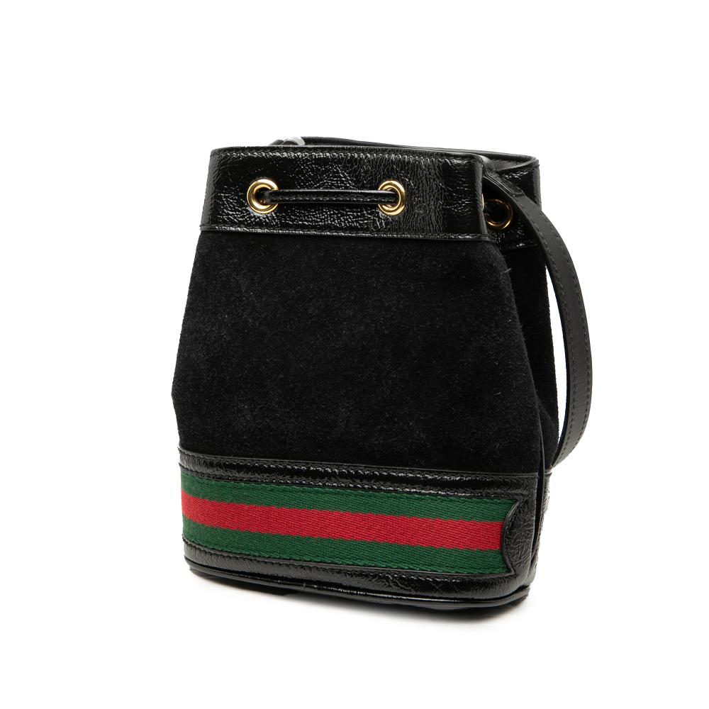 Gucci B Gucci Black Suede Leather Mini and Patent Web Ophidia Bucket Bag Italy