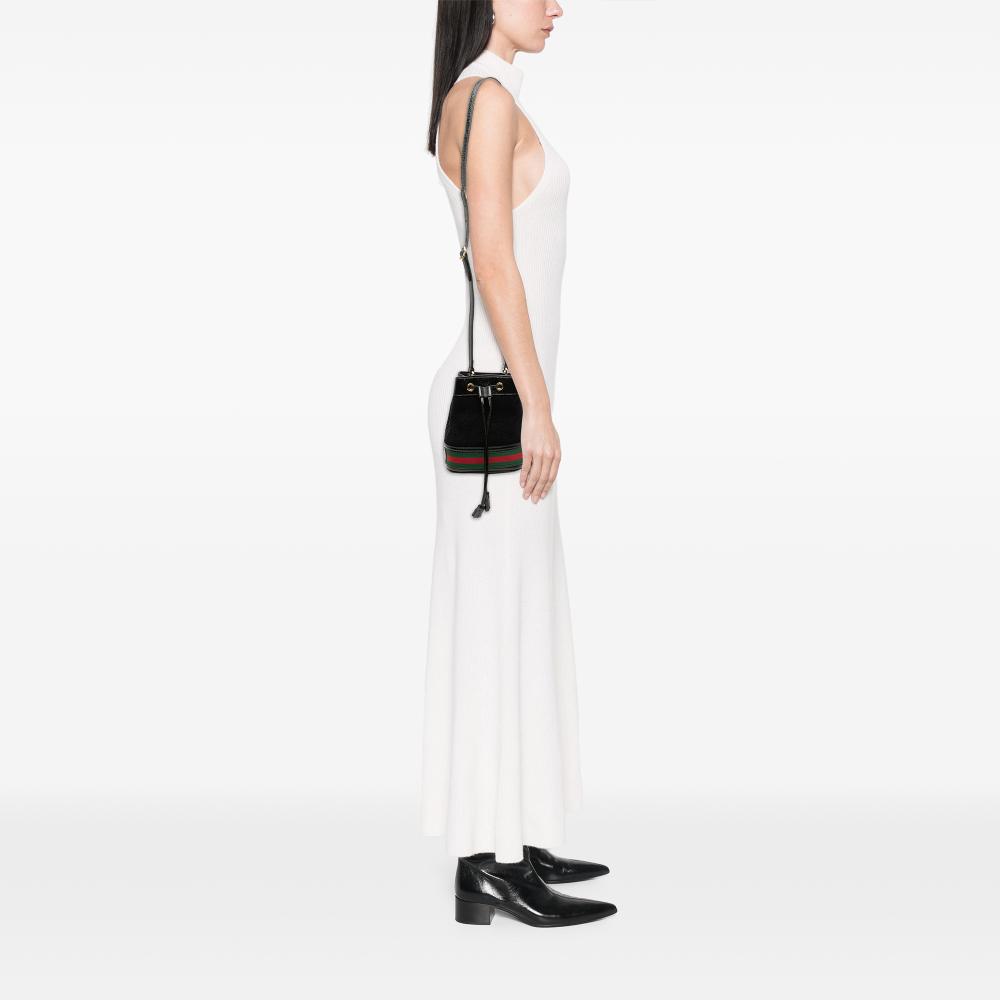 Gucci B Gucci Black Suede Leather Mini and Patent Web Ophidia Bucket Bag Italy