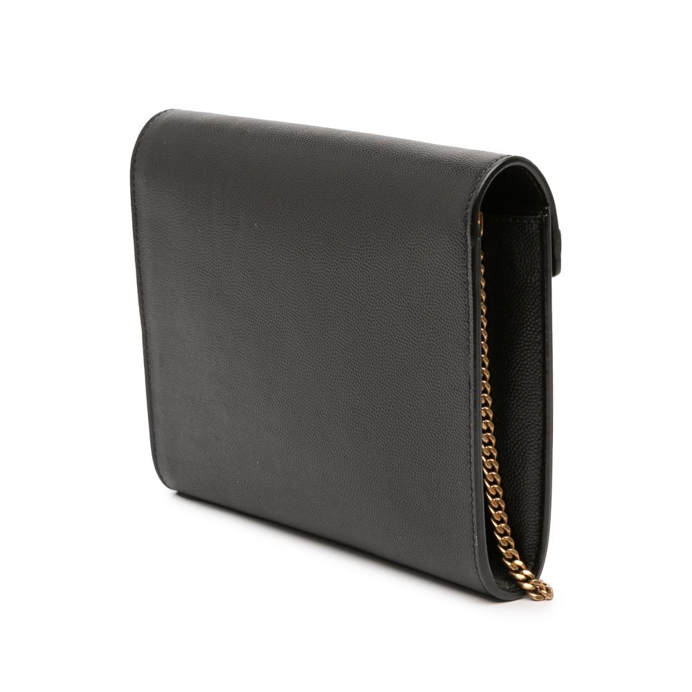 Saint Laurent AB Saint Laurent Black Calf Leather Grain De Poudre Monogram Cassandra Chain Wallet Italy