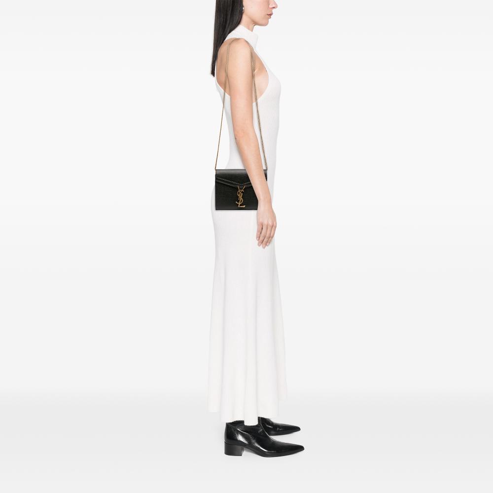 Saint Laurent AB Saint Laurent Black Calf Leather Grain De Poudre Monogram Cassandra Chain Wallet Italy