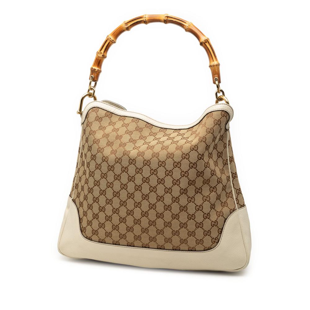 Gucci B Gucci Brown Beige with White Canvas Fabric GG Bamboo Diana Satchel Italy
