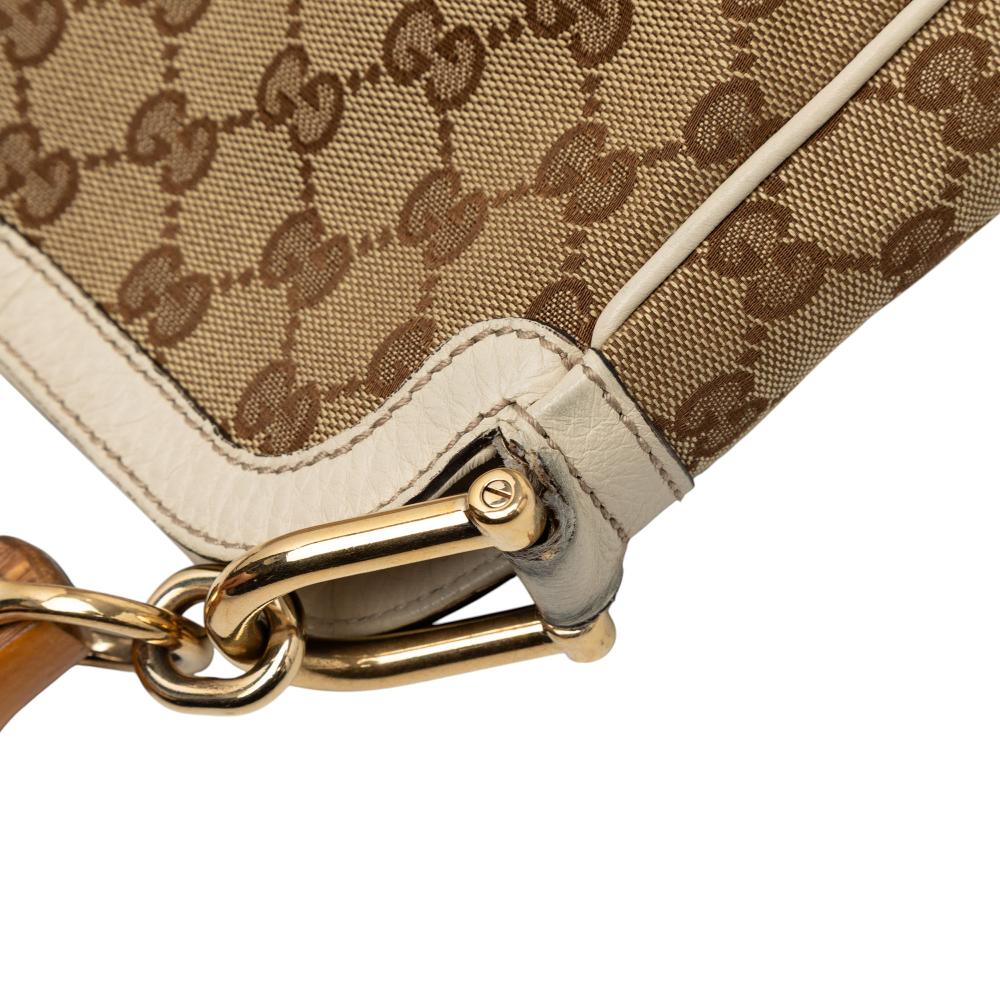 Gucci B Gucci Brown Beige with White Canvas Fabric GG Bamboo Diana Satchel Italy